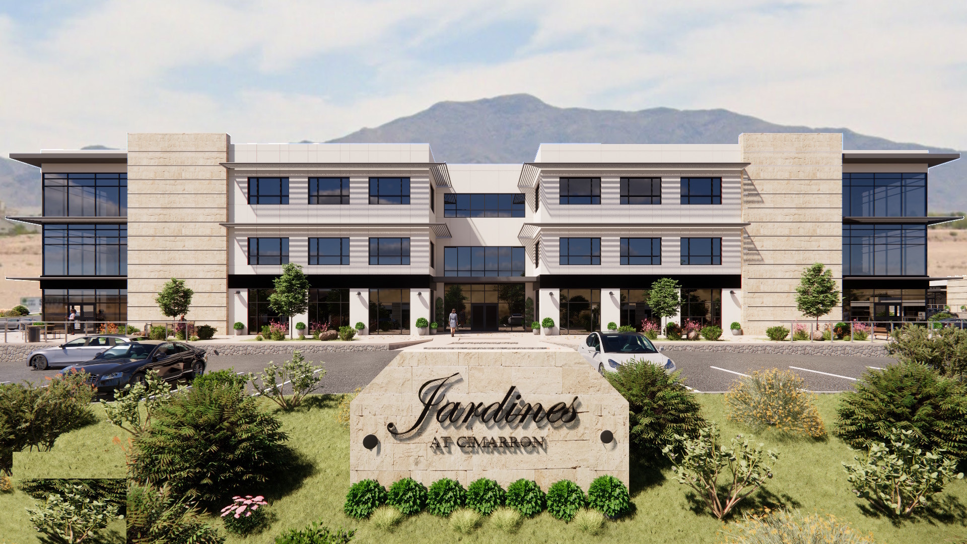 Architectural rendering of Jardines at Cimarron — a $30M+ medical, office, and retail campus planned for 2027 in El Paso.